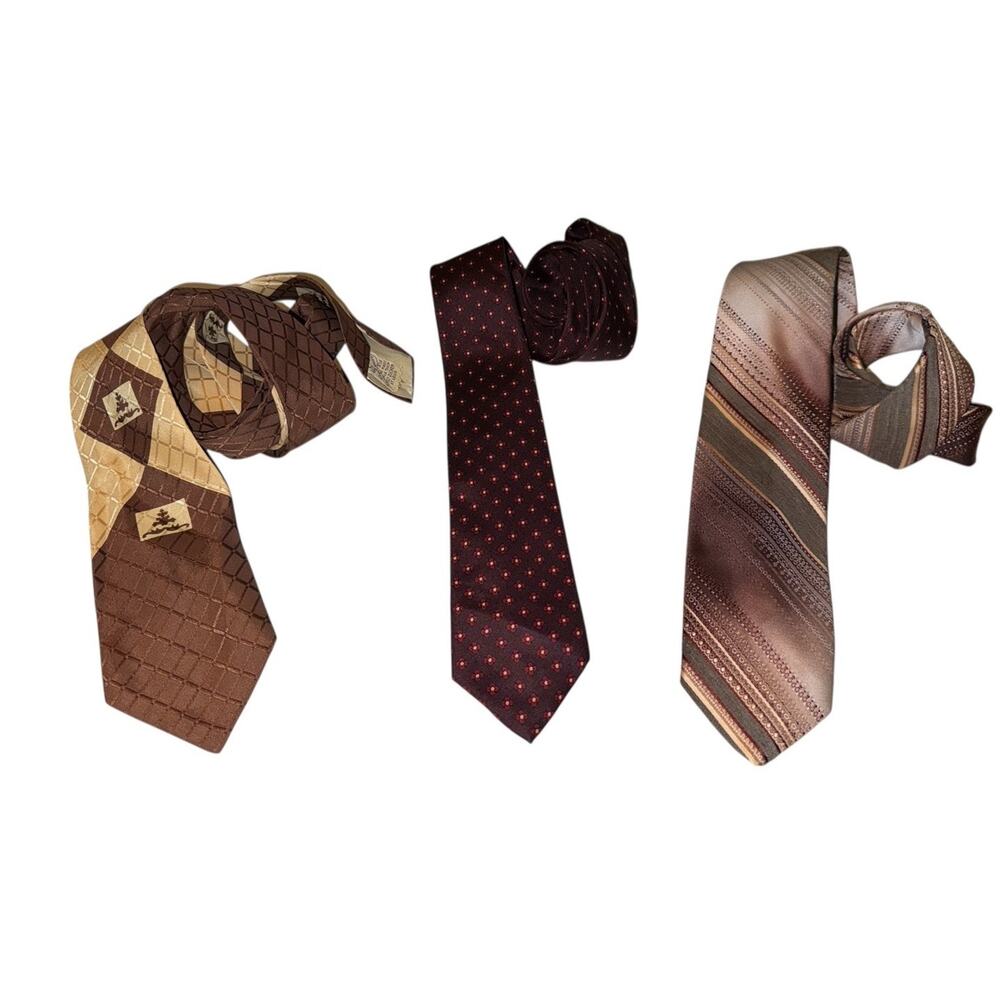 Vintage Mens Tie Lot of 3 Silk & Polyester Brown Burgundy Patterns USA/UK Dapper